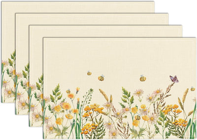 Manteles individuales florales acuarela silvestres y abejas 12 x 18 juego de 4