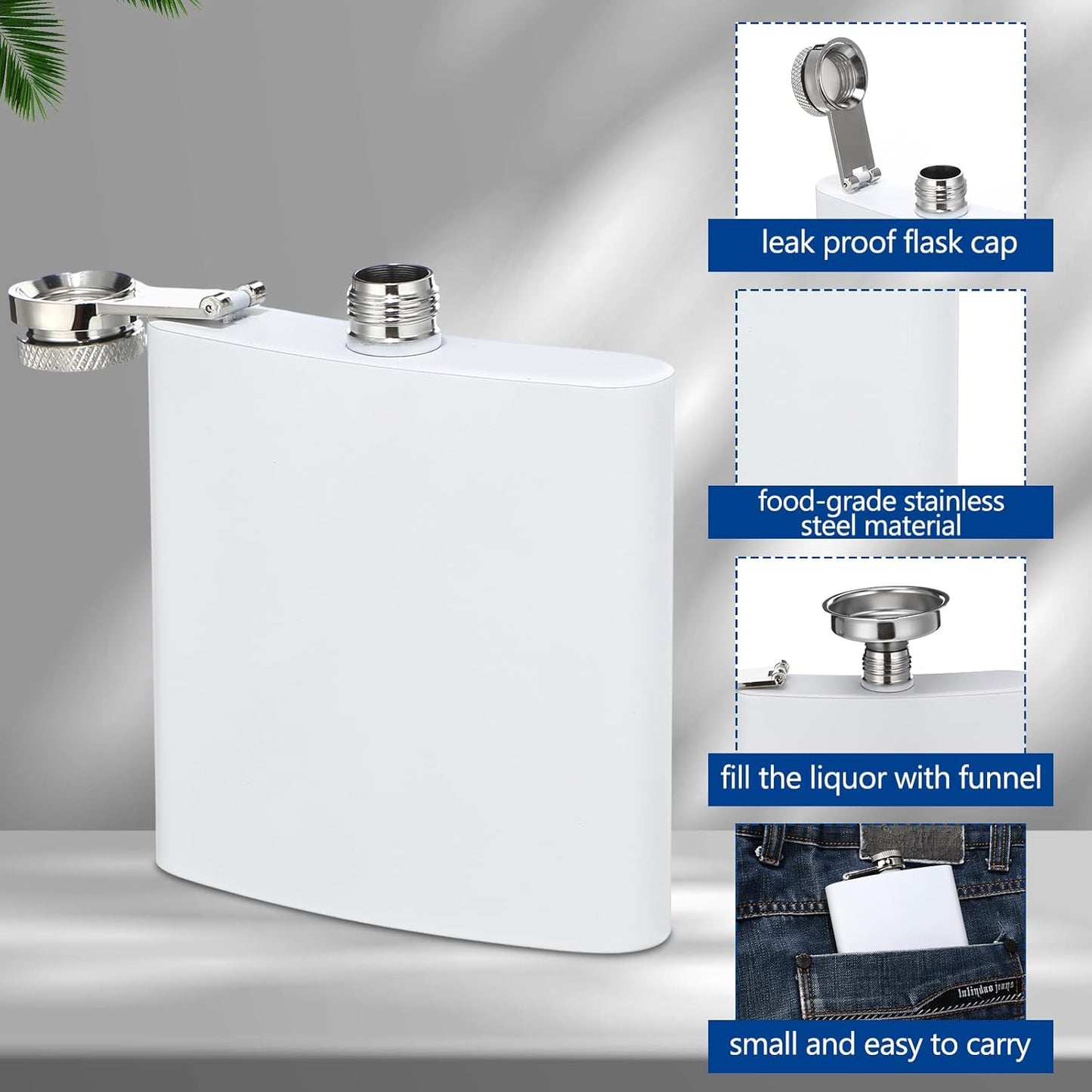 Set 30 Frascos Acero Inox Con Embudo Bolsillo 6oz Blanco