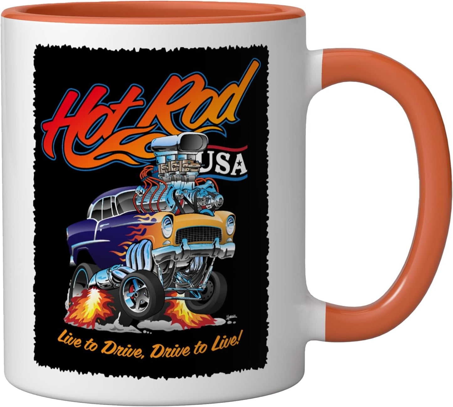 Taza cerámica Hotrod USA Diseño clásico retro muscle car dragster naranja/blanco