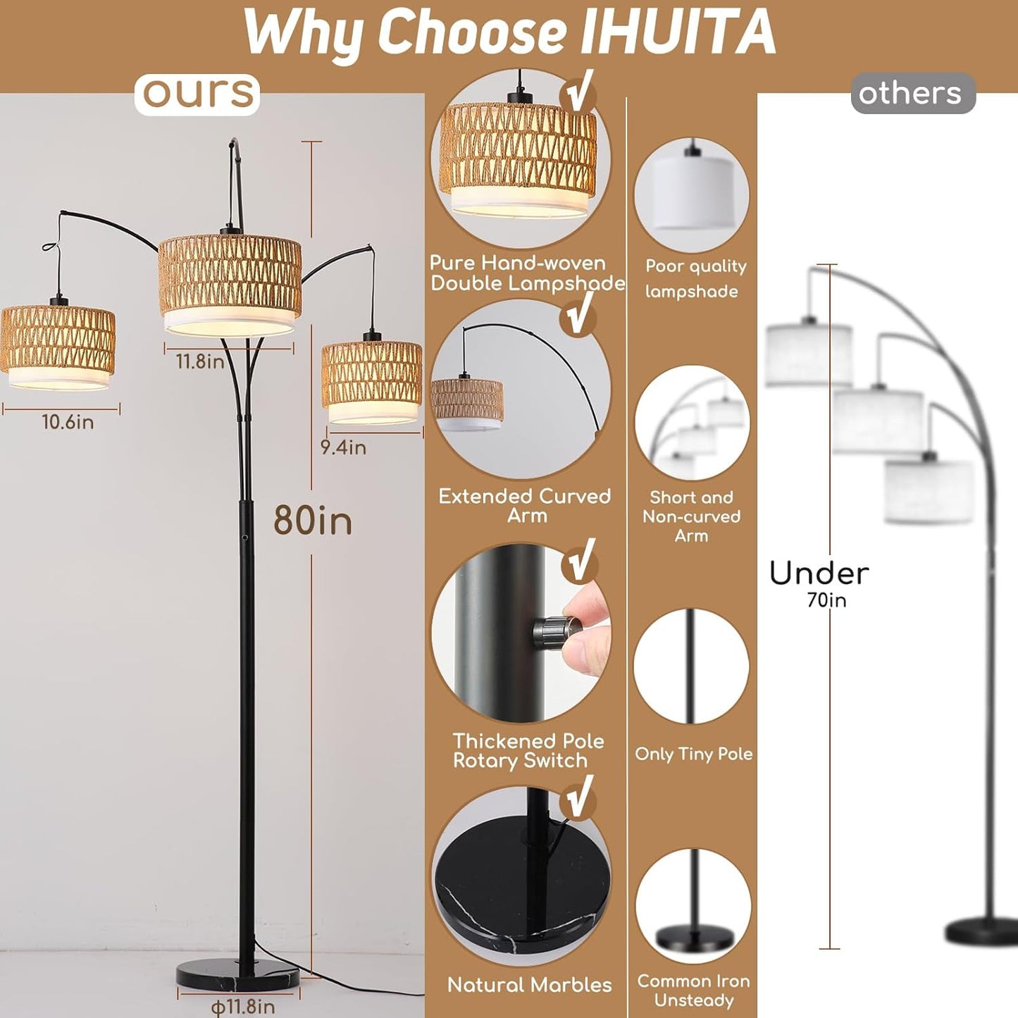 Lámpara pie arco 80pulg 3 luces mimbre estilo bohemio