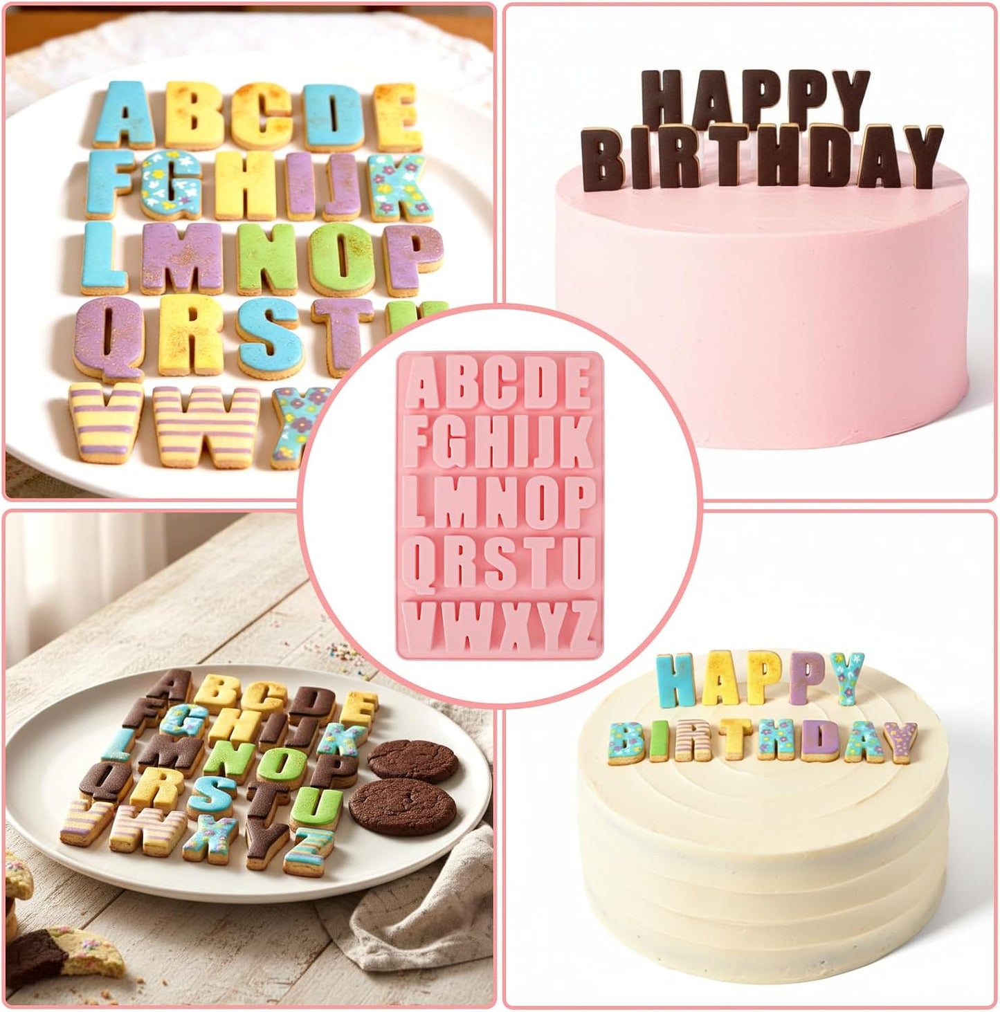 Moldes de letras de silicona rosa para chocolate y dulces A-Z