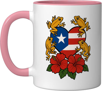 Taza cerámica Puerta Rico Coquí Flor de Maga Corazón Isla Rosa/Blanca