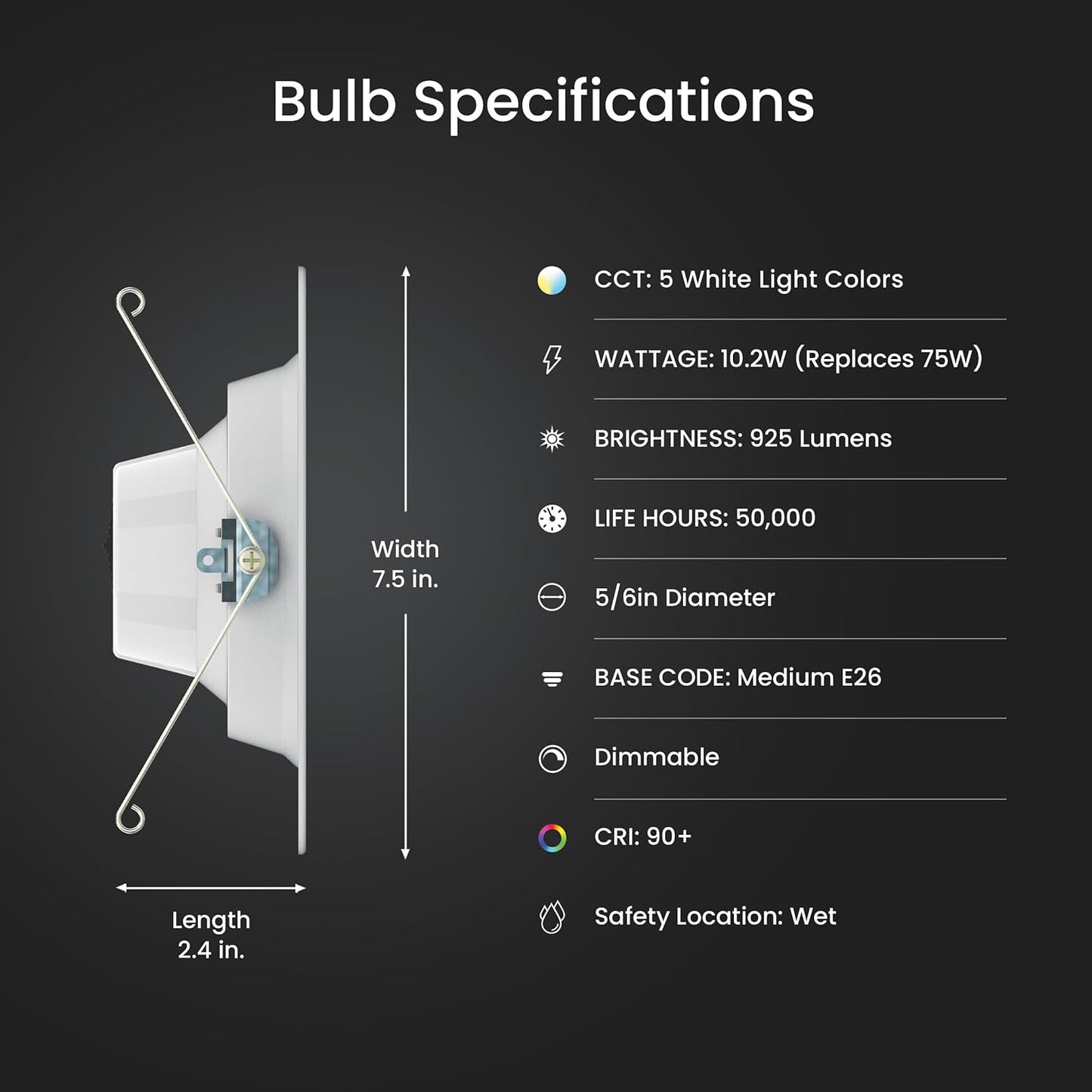 Lámpara empotrable LED 6pulg E26 blanco ajustable 2700-5000K