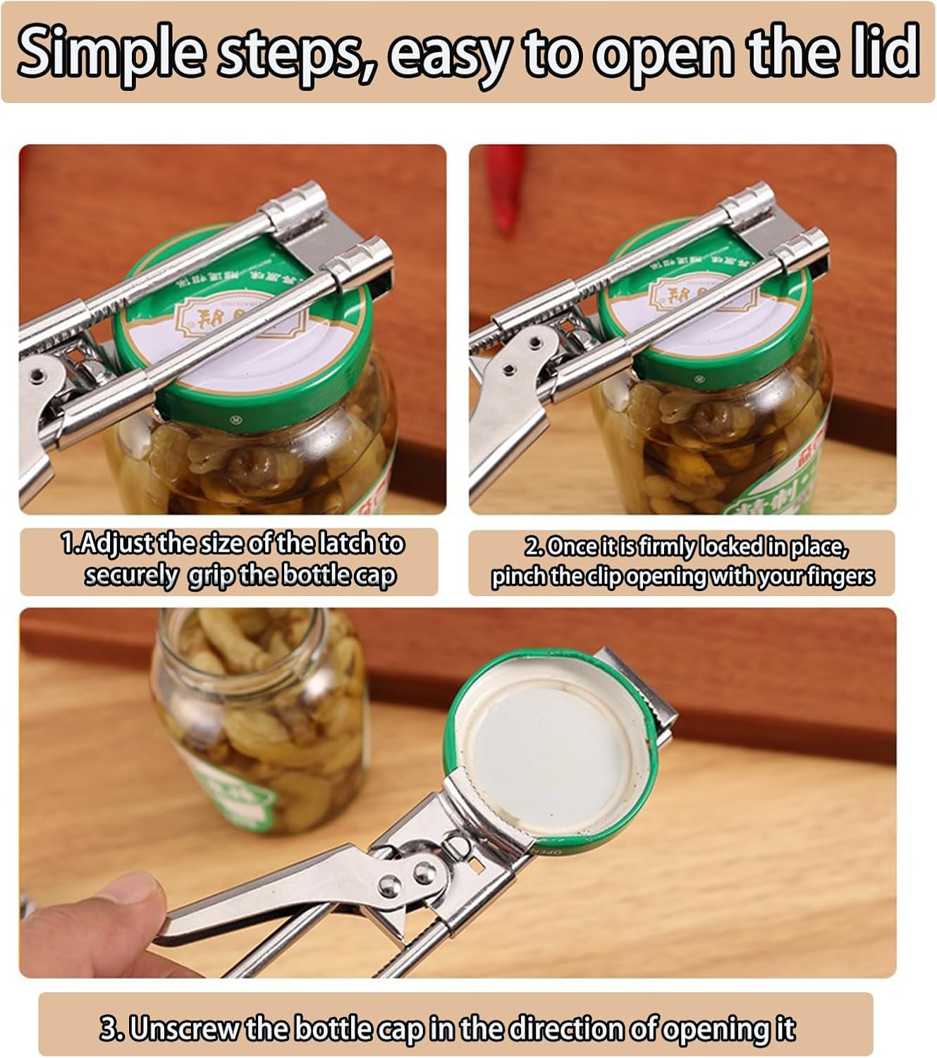 Abrelatas de acero inoxidable ajustable multifuncional con asa para latas y tapas de botellas 2 unidades