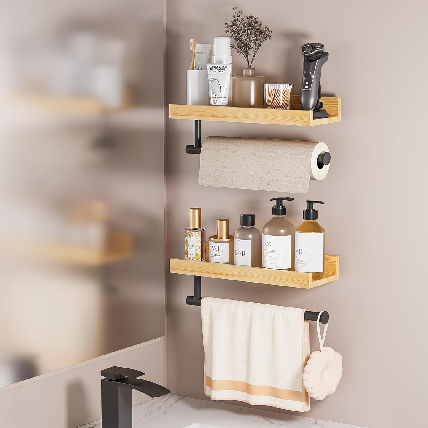 Soporte toallas pared estante bambú 13pulg cocina baño