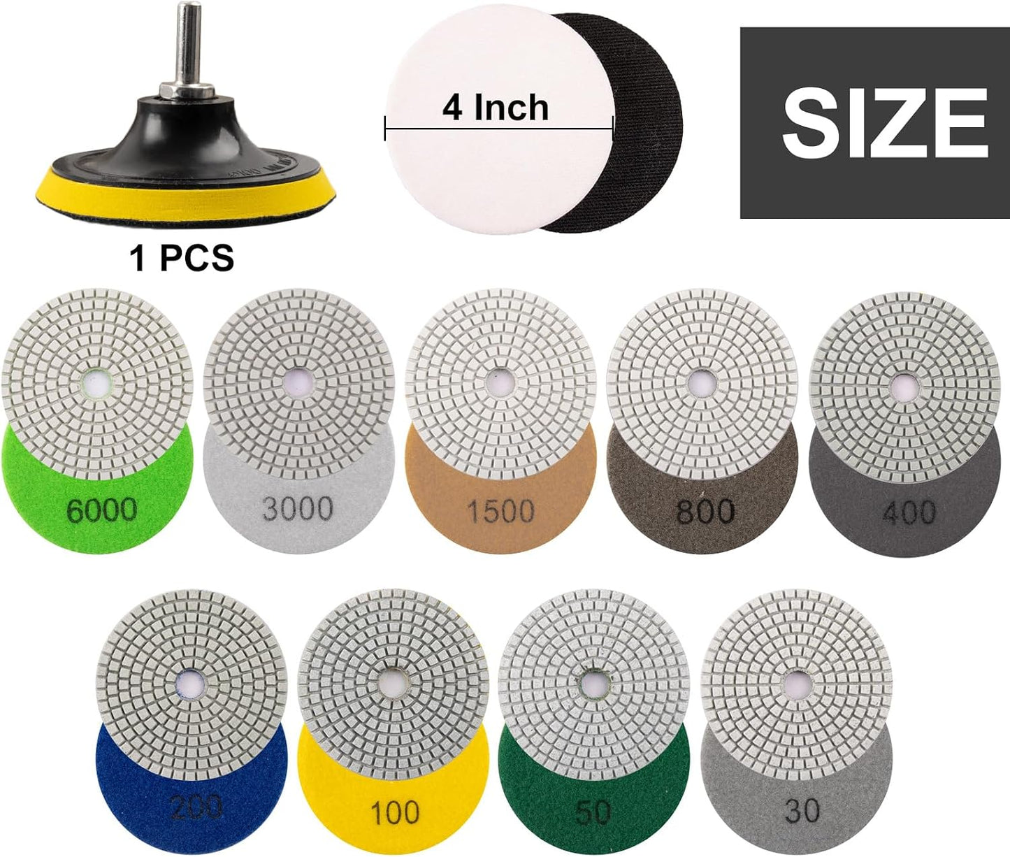 Kit 13 almohadillas pulido diamante 4" grano 30-6000