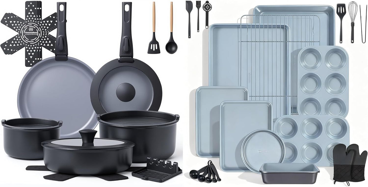 Set 18 Pzas Ollas Cerámica y Moldes Hornear Apilables Negro