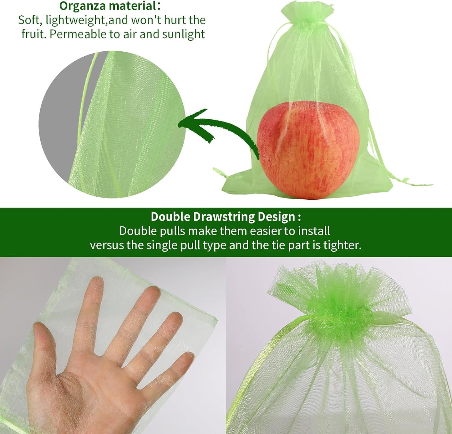 100 Bolsas Red Verdes 6x8pulg para Proteger Frutas y Plantas