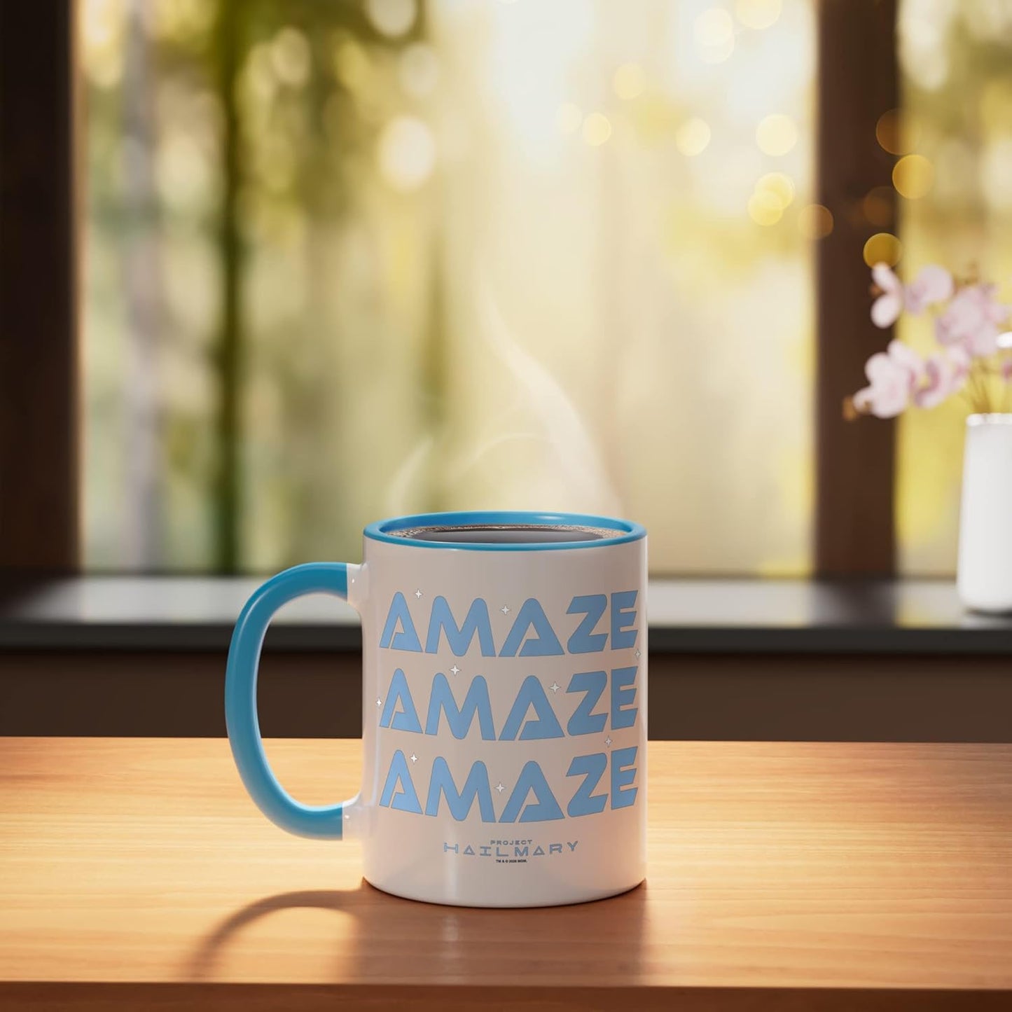 Taza de cerámica Project Hail Mary con tipografía azul y blanco