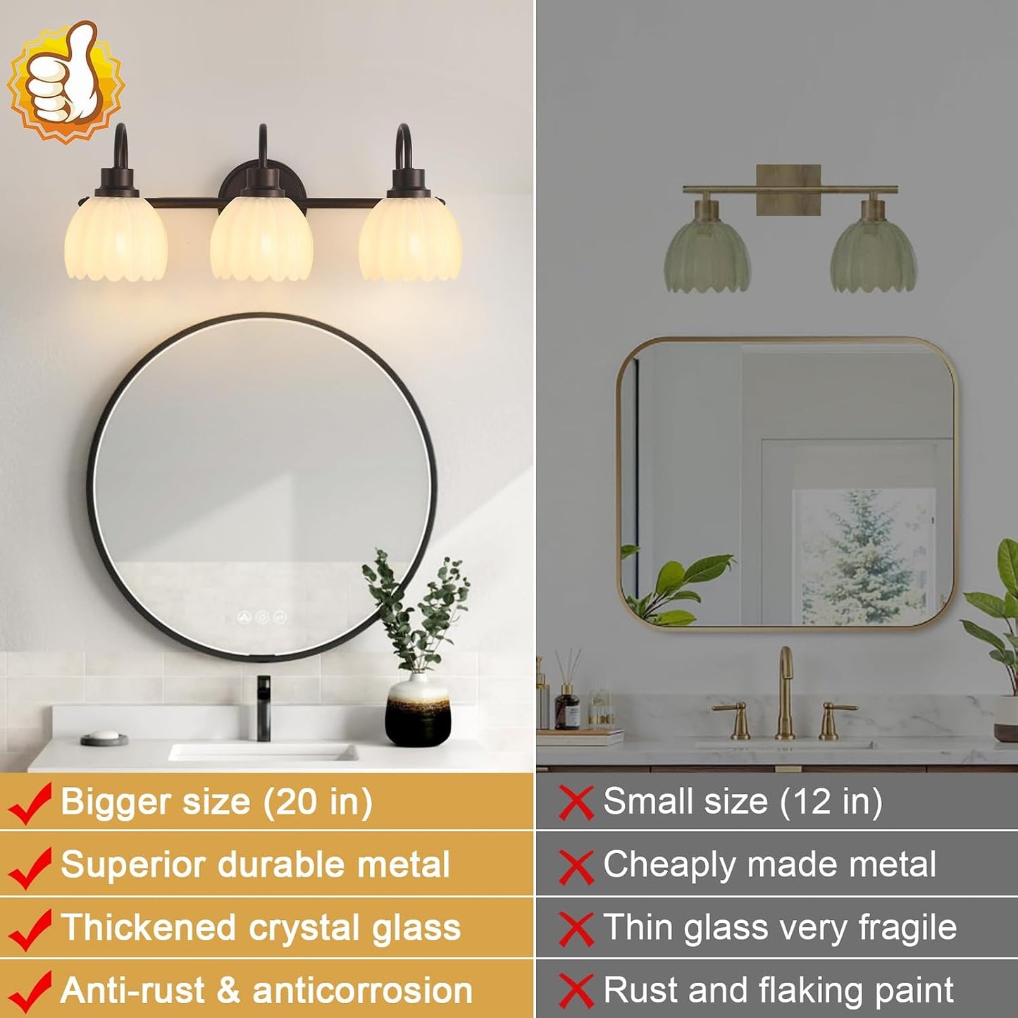 Lámpara baño 3 luces 20pulg bronce aceitado pantalla tulipán blanco