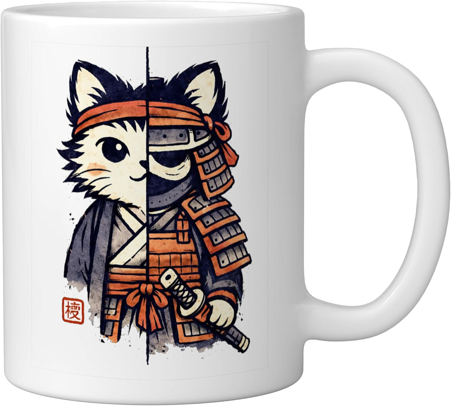 Taza Cerámica Gato Ninja Kawaii Samurai Blanco