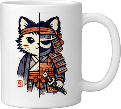 Taza Cerámica Gato Ninja Kawaii Samurai Blanco