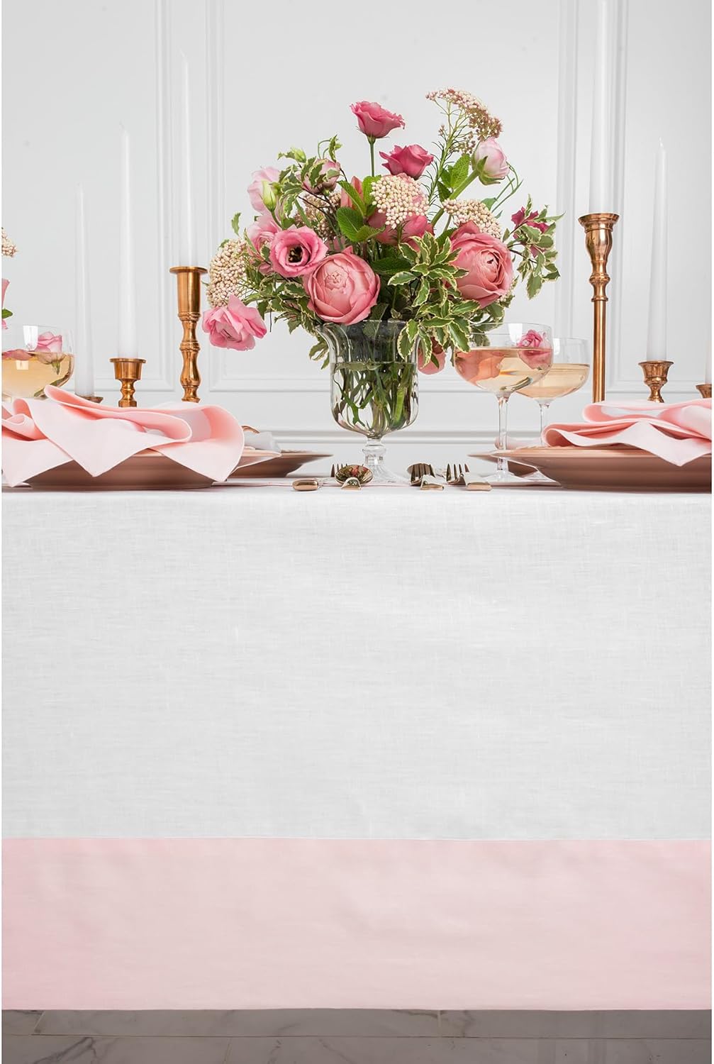 Mantel lino 60x156pulg color rosa y blanco