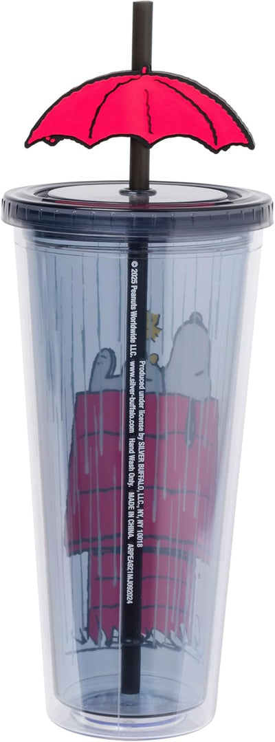 Taza de plástico para frío con tapa y popote Silver Buffalo Peanuts Rainy Day Snoopy