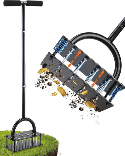 Aireador césped púas acero 15x3 pulg doble resorte mango T 38 pulg