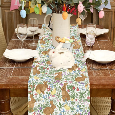 Camino de mesa de Pascua lindo conejo con pollitos y flores para cocina comedor