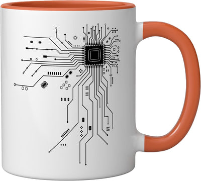 Taza de cerámica para geek informático con diseño de placa madre y chip CPU en naranja/blanco