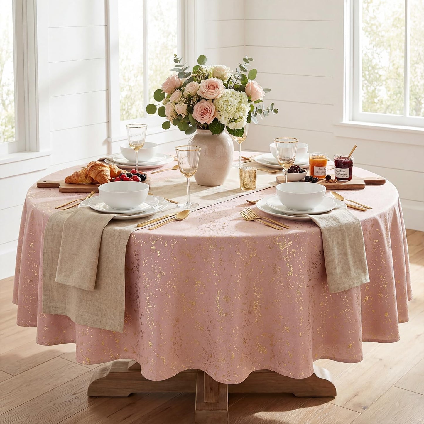 Mantel redondo de terciopelo rosa 60 x 60 pulgadas con lentejuelas doradas para bodas y fiestas