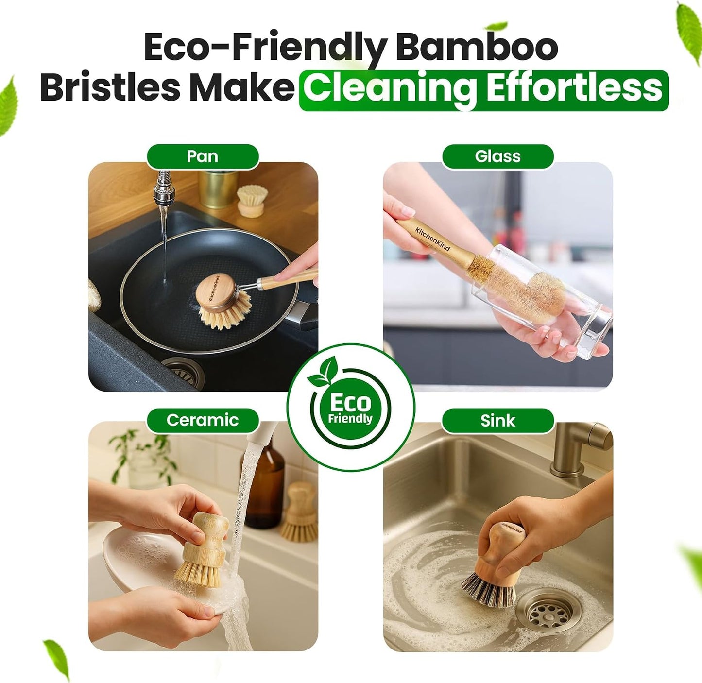 Set 6 cepillos cocina bambú cerdas naturales asa madera