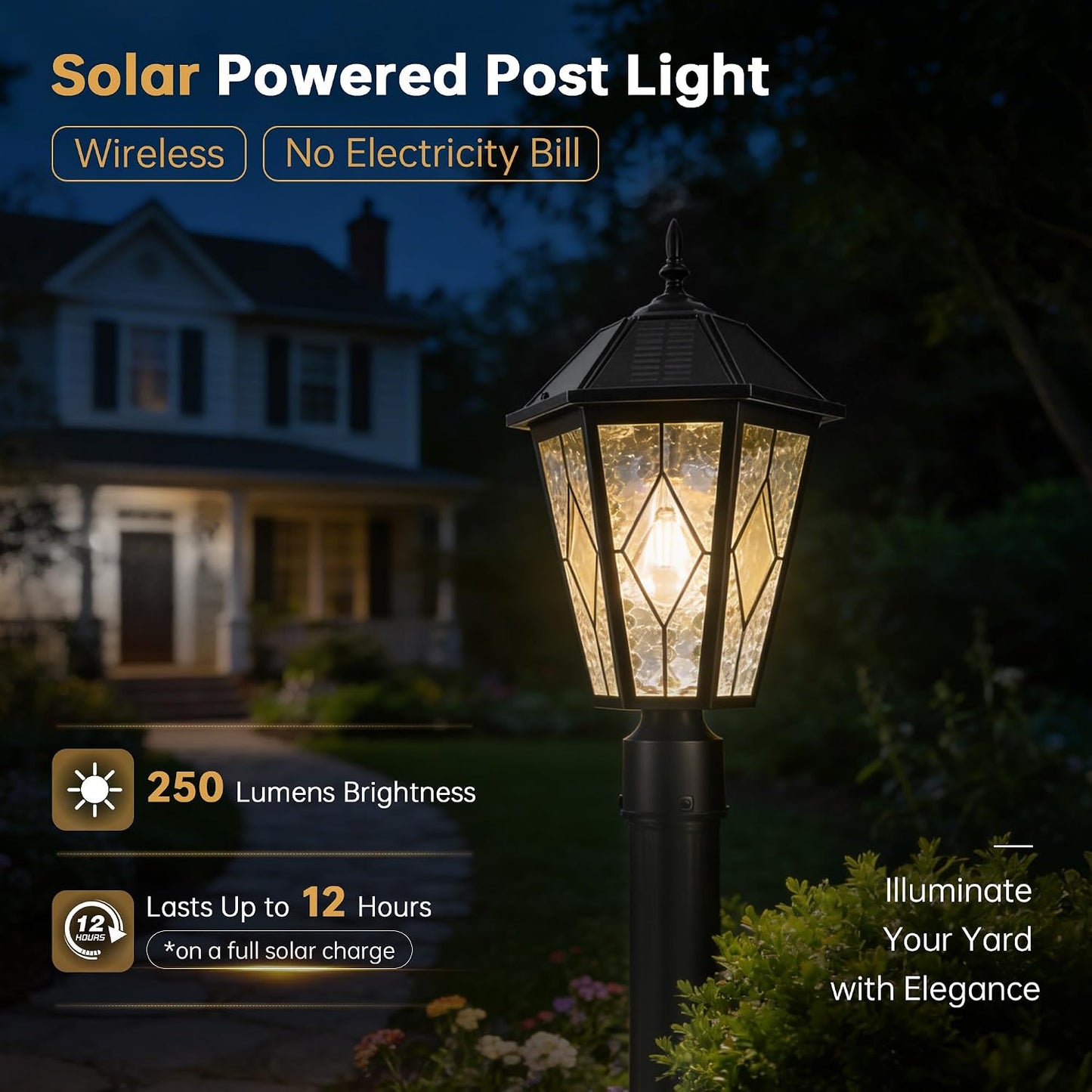 Luz solar poste al aire libre inalámbrica negra impermeable