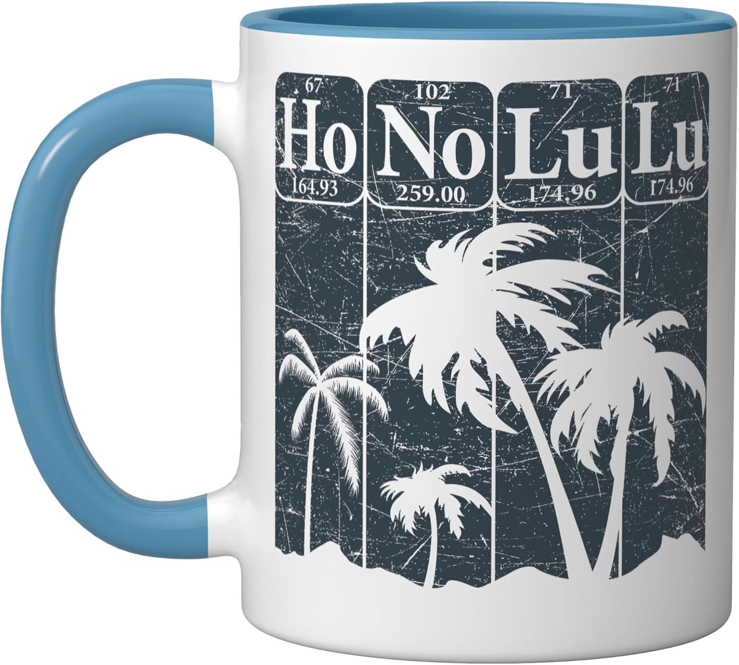 Taza cerámica retro de elementos periódicos de Honolulu Hawái azul/blanco