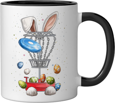 Disco de golf con diseño de conejo, orejas y taza de cerámica en negro y blanco