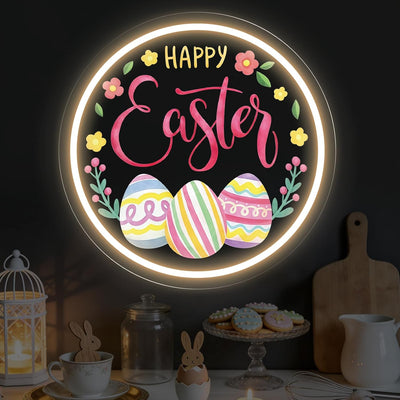 Letrero neón feliz Pascua huevo blanco 13x13pulg luz LED sala