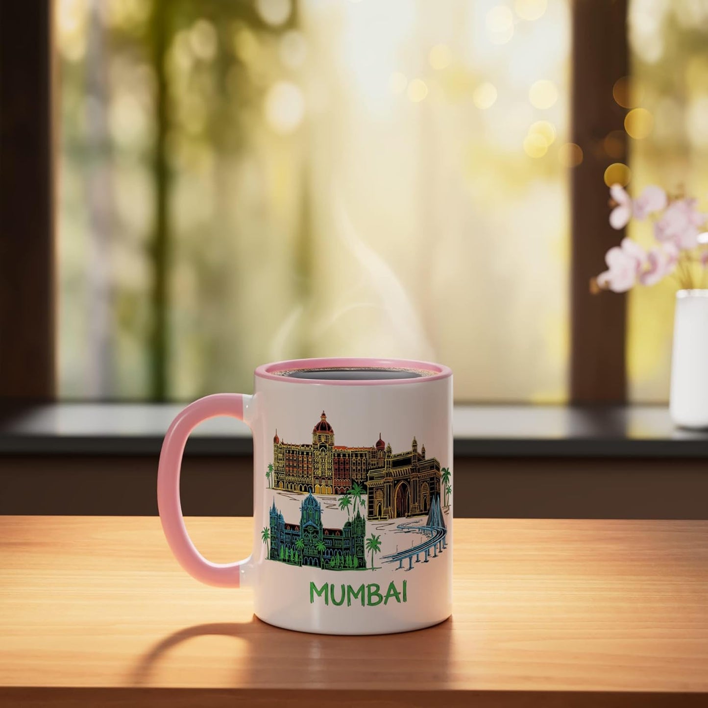 Taza cerámica souvenir Mumbai India rosa/blanco