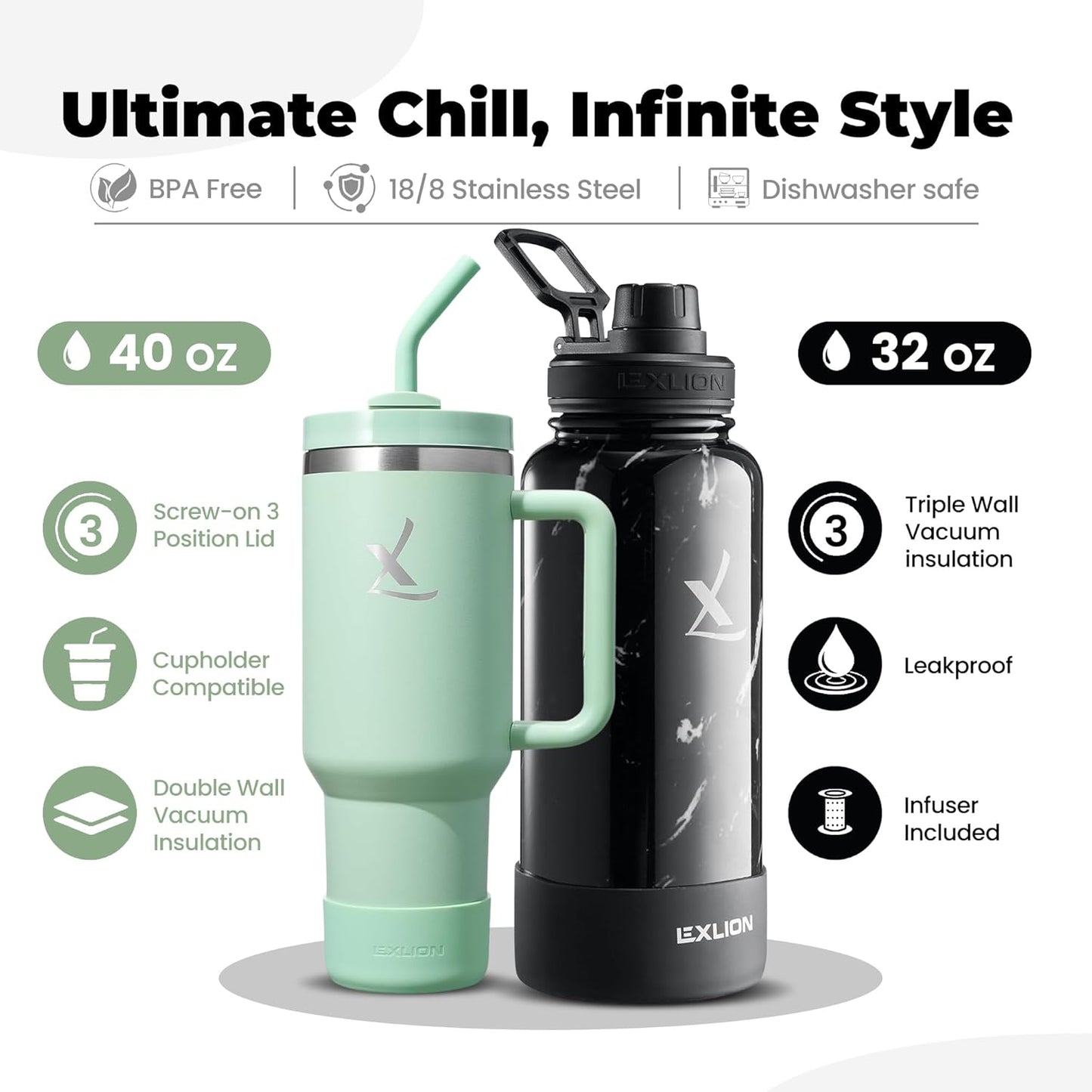 Botella agua infusor té 32oz vaso FlowOne 40oz acero inox sin BPA