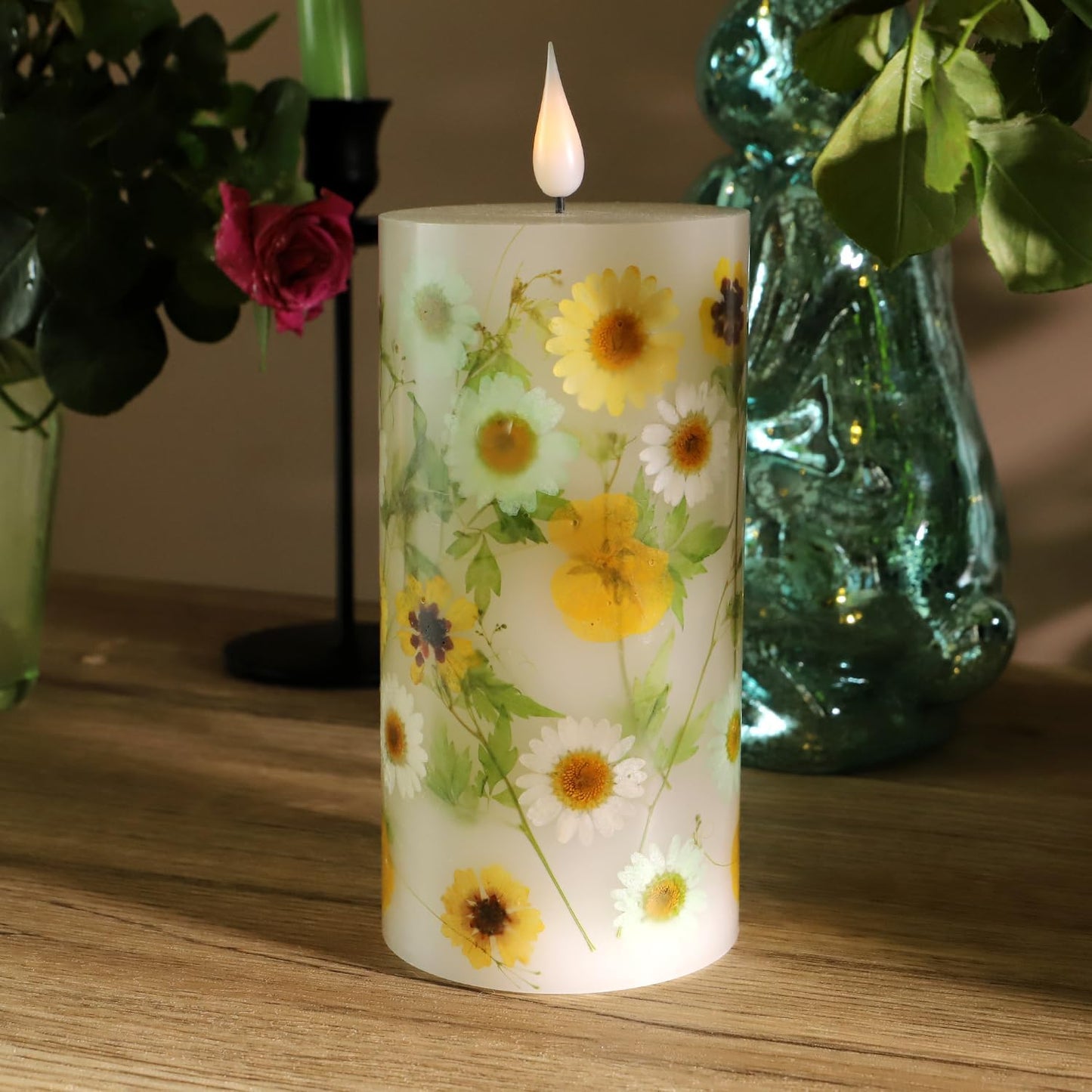 Velas sin llama temática verano flora y festivales