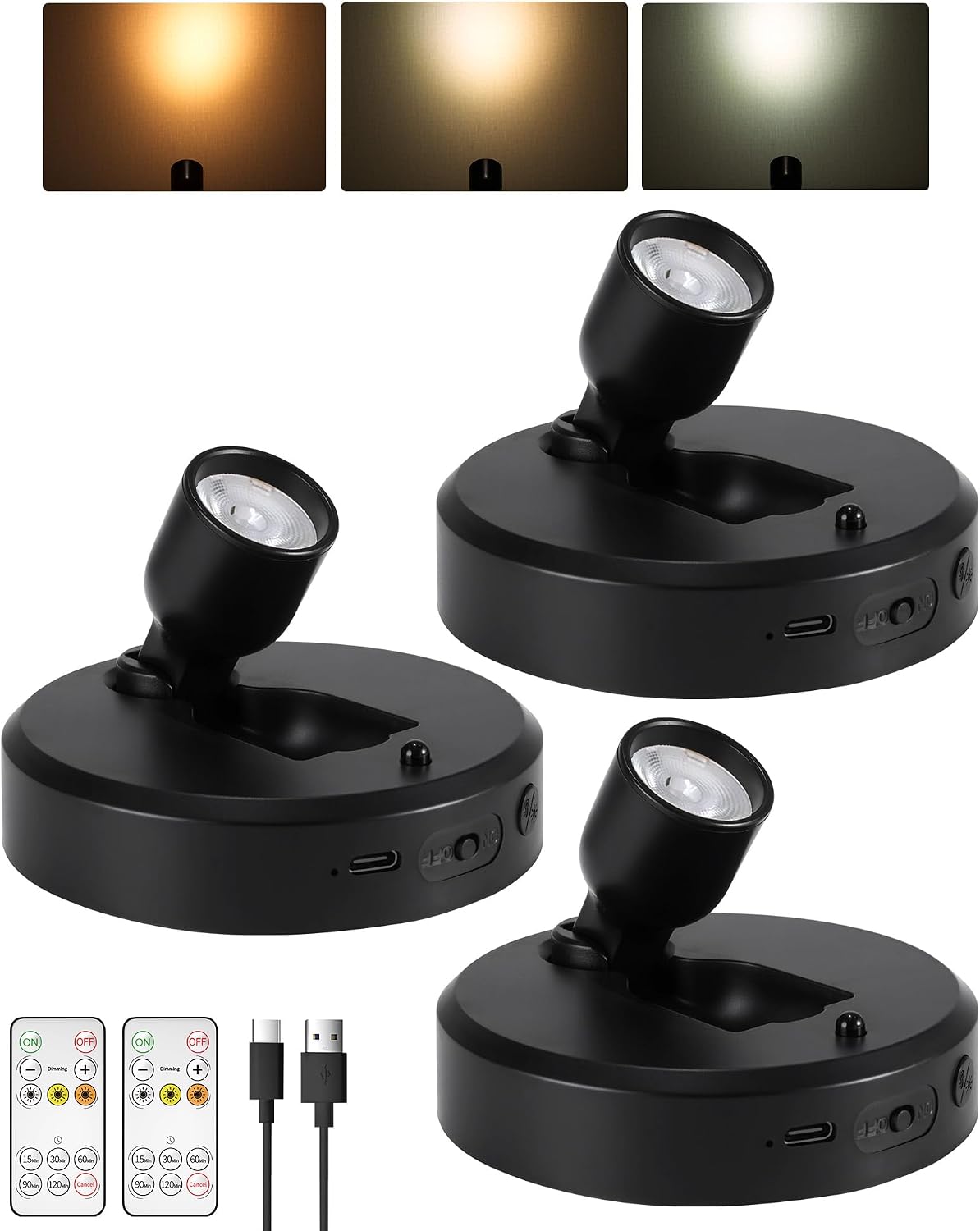 3 Pzas Luces LED Recargables Inalámbricas Regulables