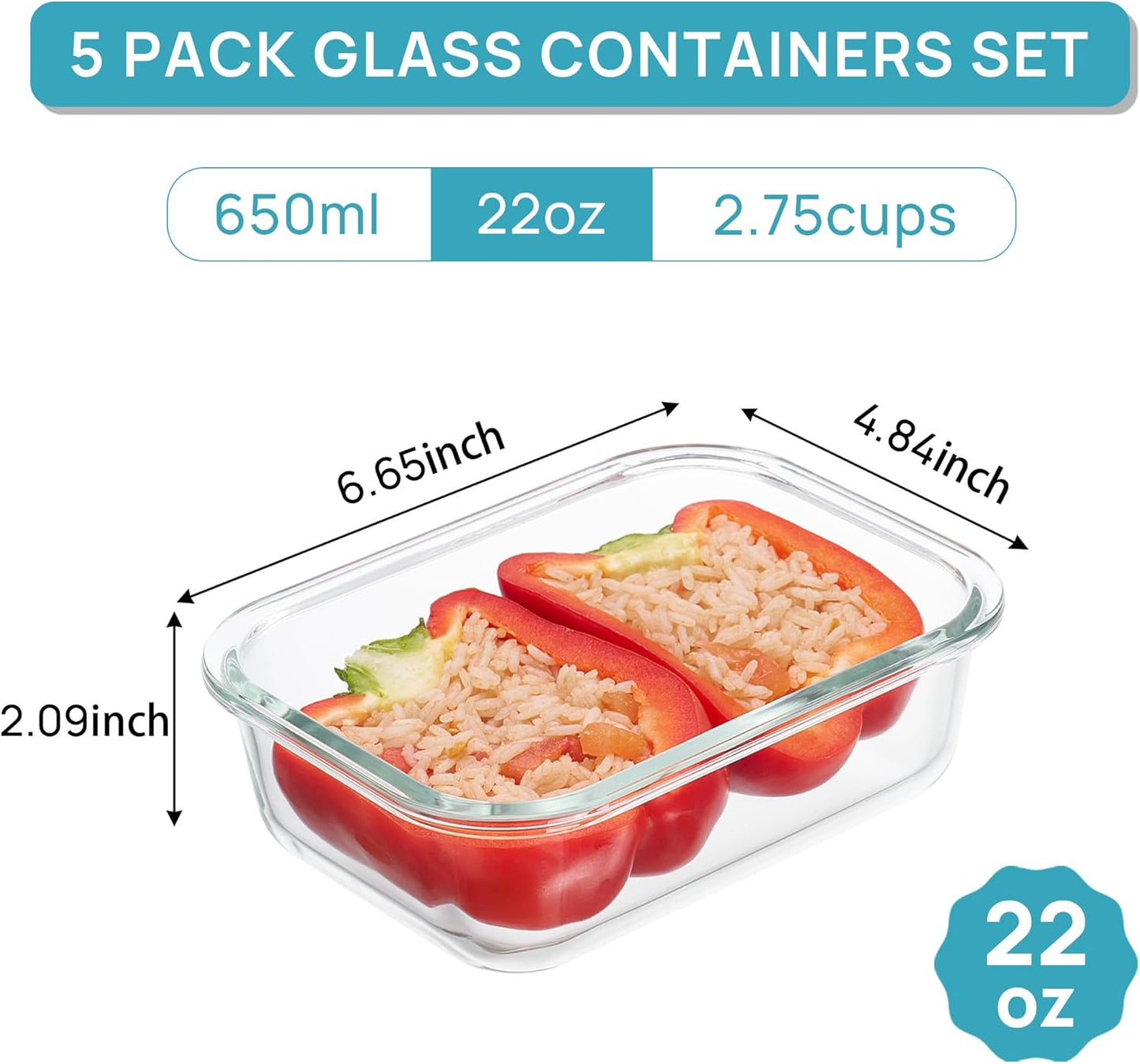5 Pzas Recipientes Vidrio 22oz Tapas Hermeticas Microondas