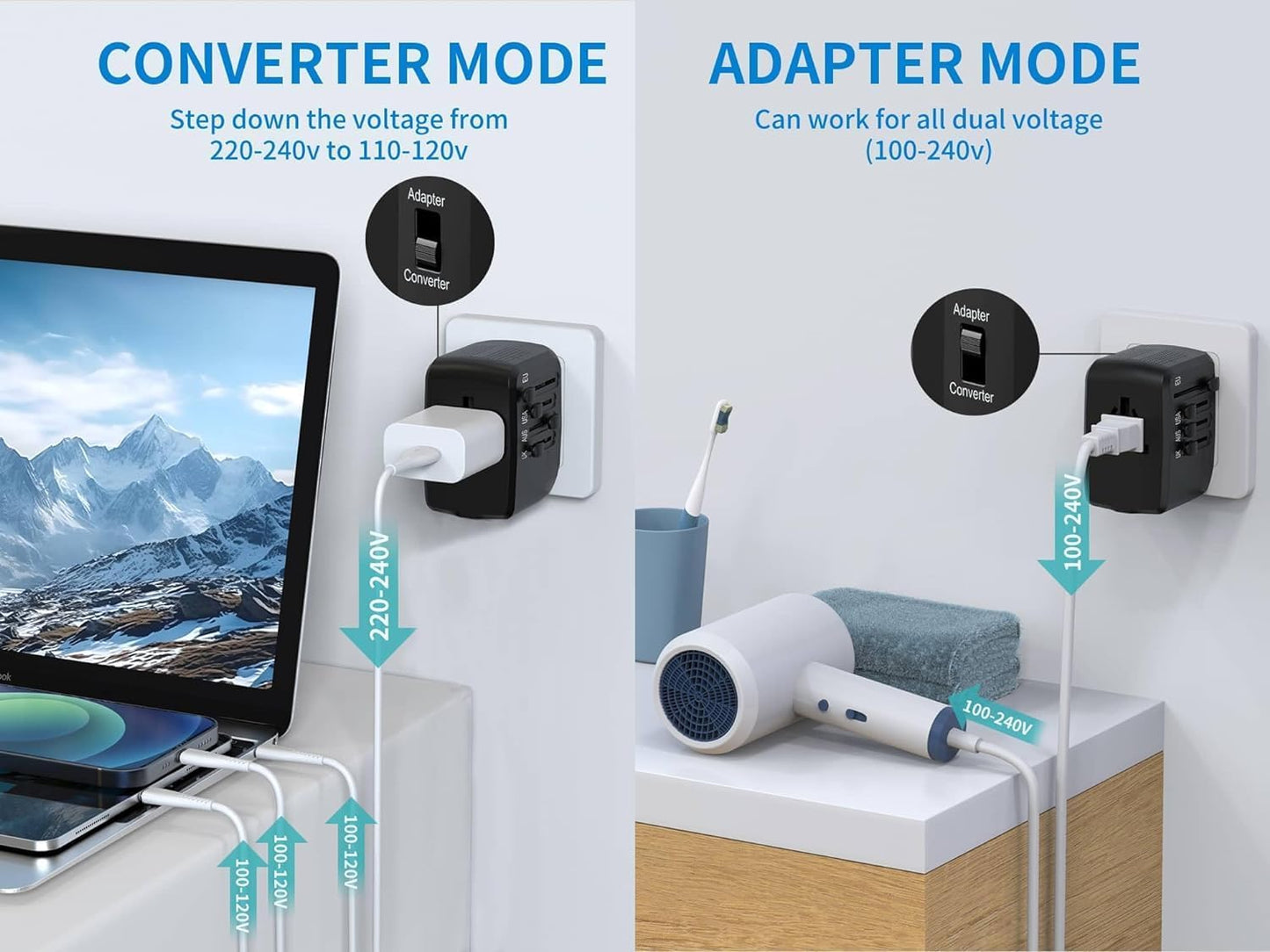 Adaptador internacional 230V a 120V para planchas y celulares