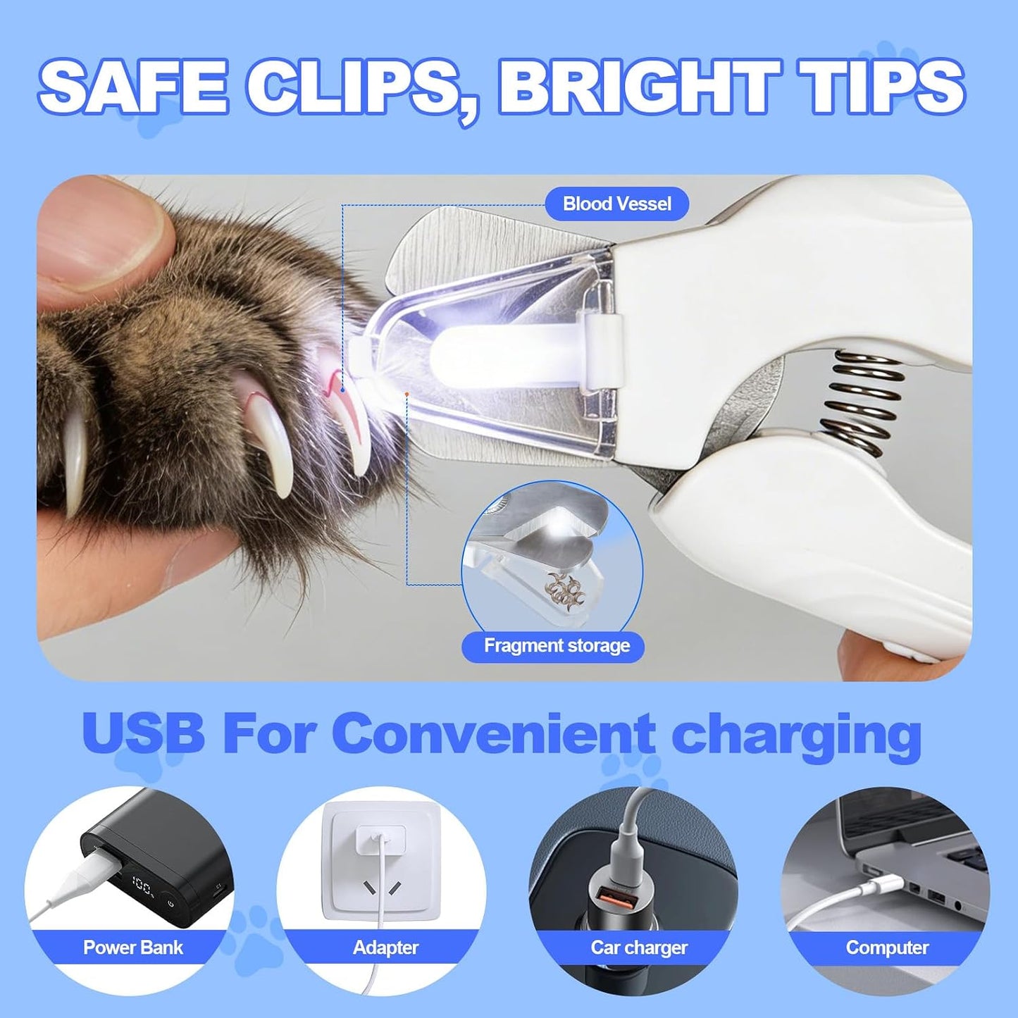 Cortaúñas 2en1 con luz para perros y gatos LED
