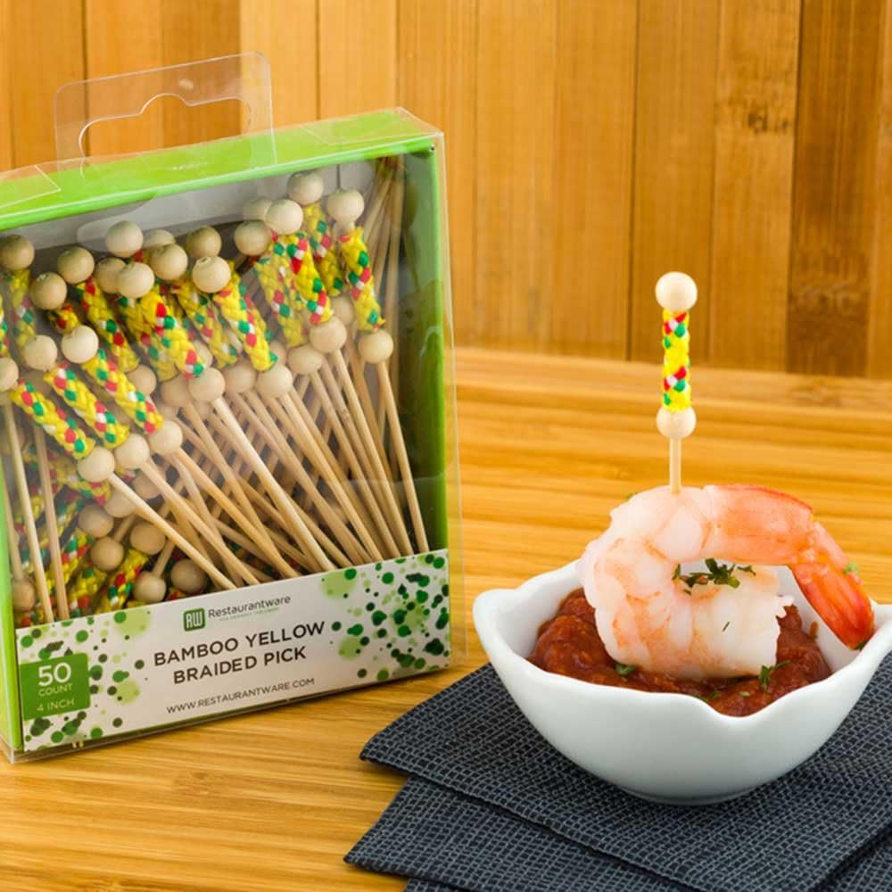 Púas cóctel 4pulg brochetas frutas trenzadas bambú amarillo