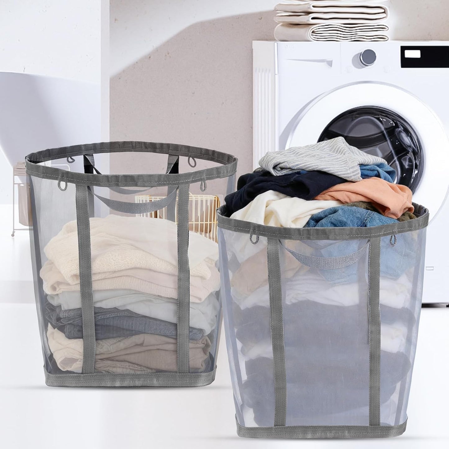 Paquete 2 Bolsas Malla con Asas Ganchos Cesta Plegable Lavanderia