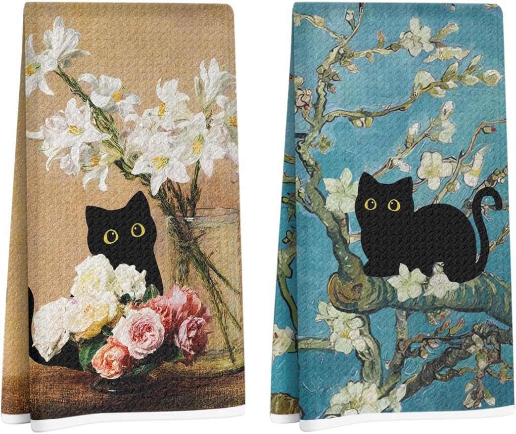 Toallas de cocina con diseño de gato negro y lirios