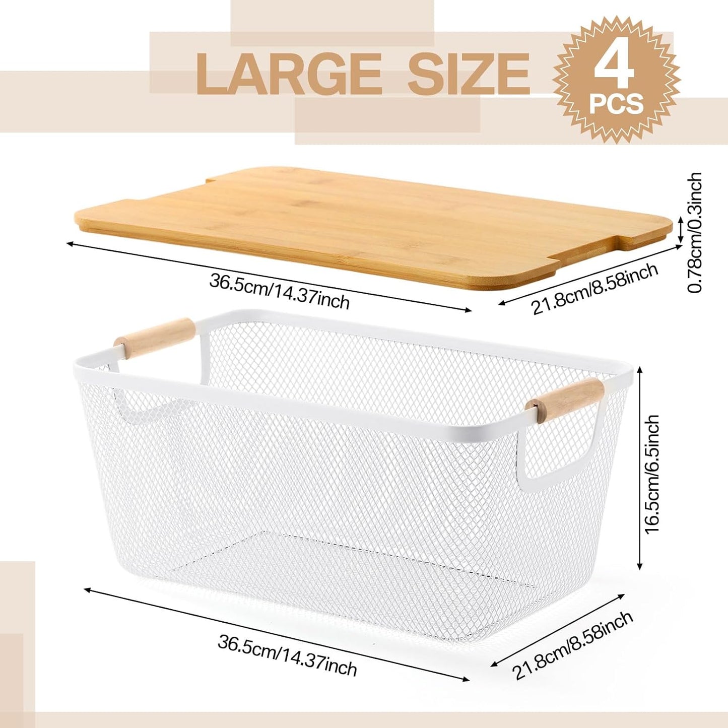 Cestas de alambre blanco con asas de madera y tapas de bambú 14.37 x 8.58 x 6.5 pulgadas