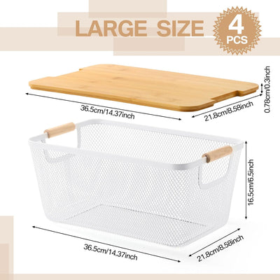 Cestas de alambre blanco con asas de madera y tapas de bambú 14.37 x 8.58 x 6.5 pulgadas