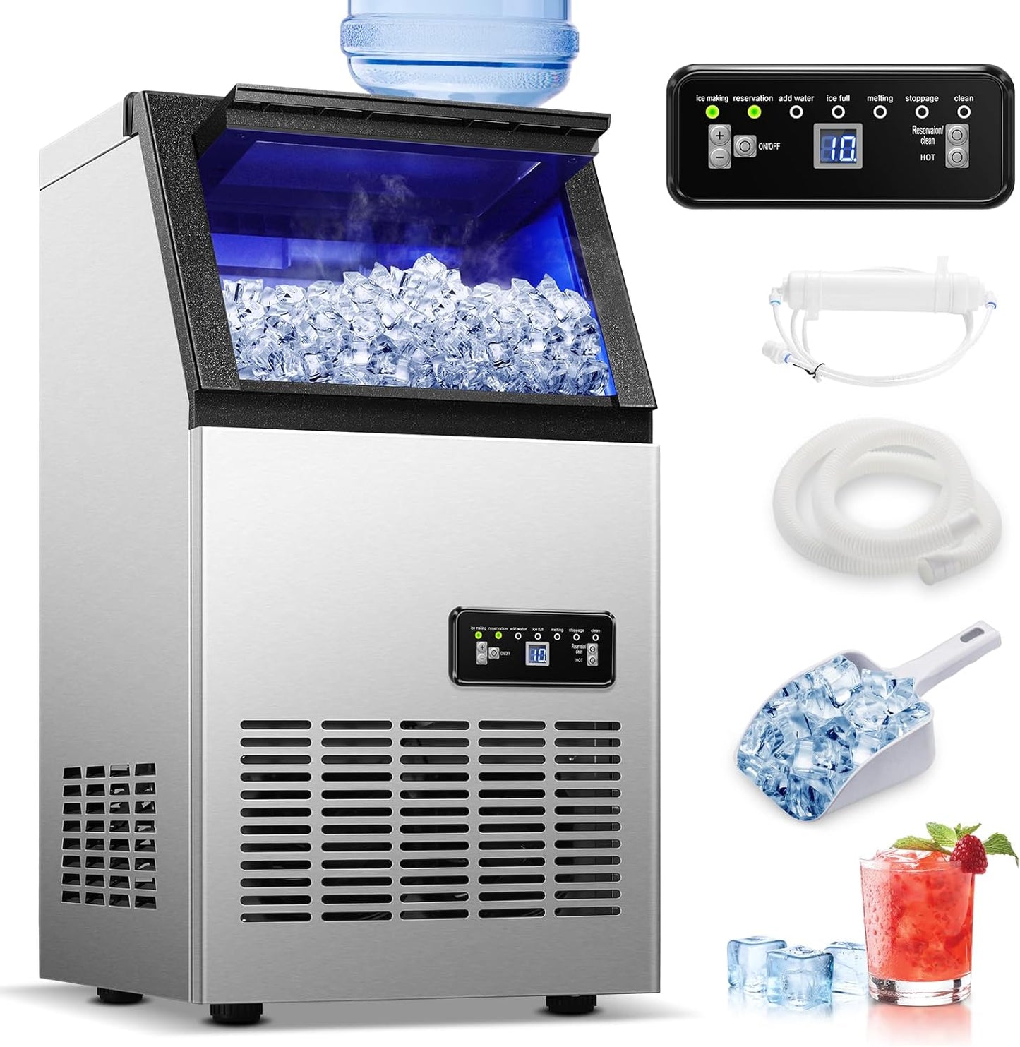 Máquina de hielo comercial 120 lb/24h con 2 entradas de agua y almacenamiento de 33 lb