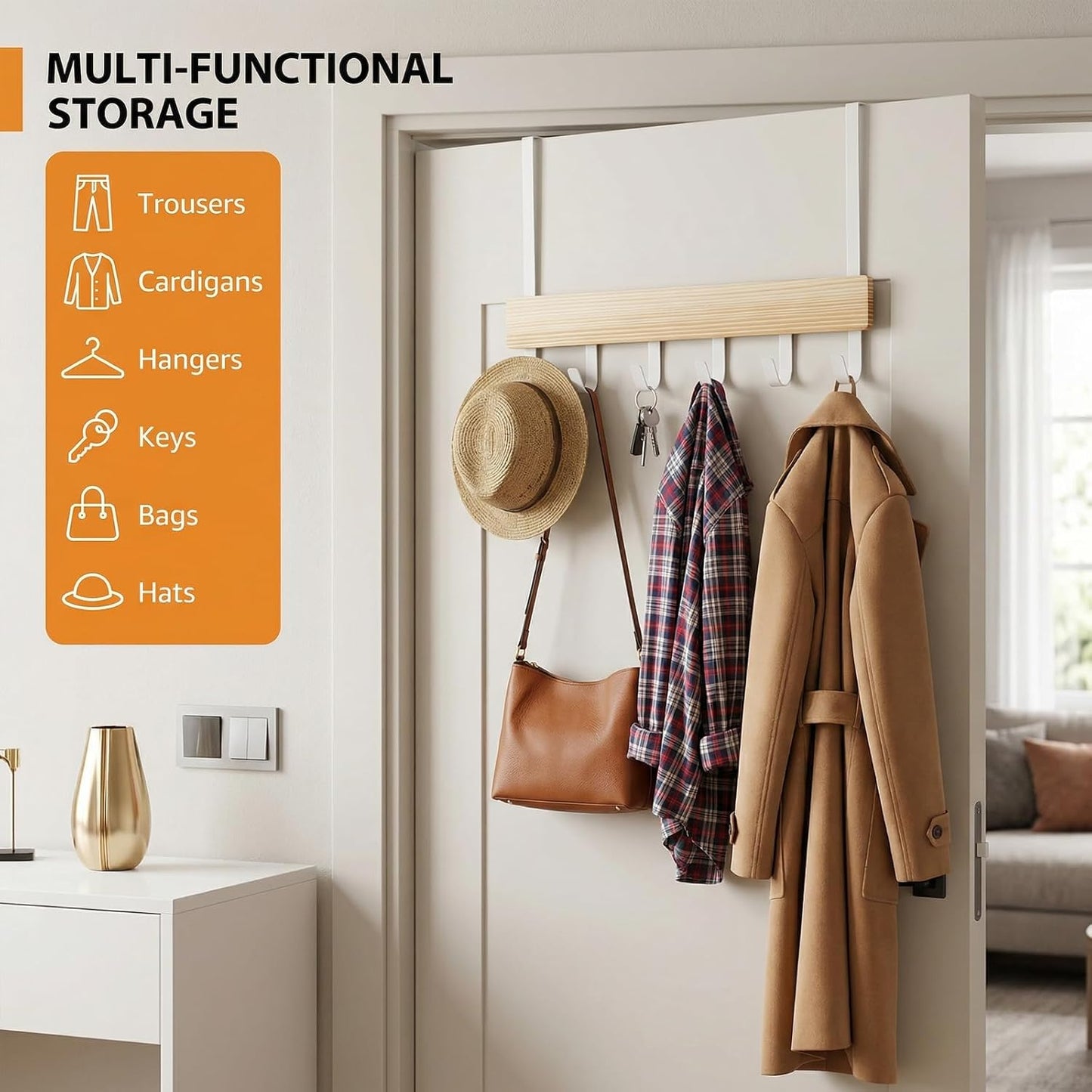 Perchero puerta con 6 ganchos madera y metal blanco