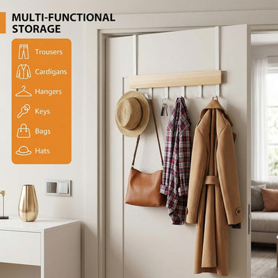 Perchero puerta con 6 ganchos madera y metal blanco