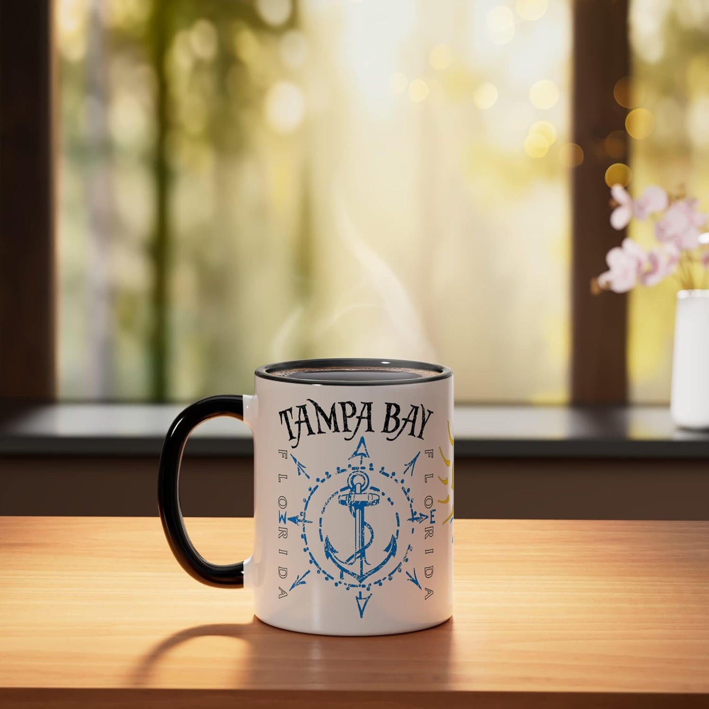 Taza Cerámica Náutica Rosa de Compás Negro/Blanco