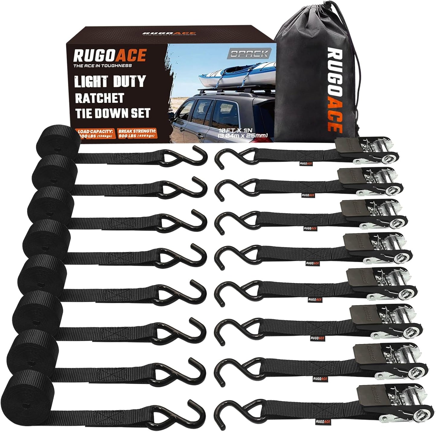 8 Correas Trinquete 1pulg x10ft Cap 300lb Res 900lb