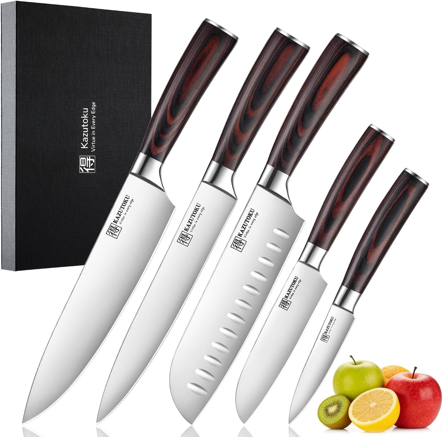 Set 5 Cuchillos Chef Acero Inox Hoja Carbono Mango Pakkawood