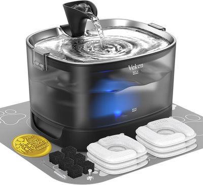 Fuente agua inalámbrica para gato acero inox 85oz con luz LED