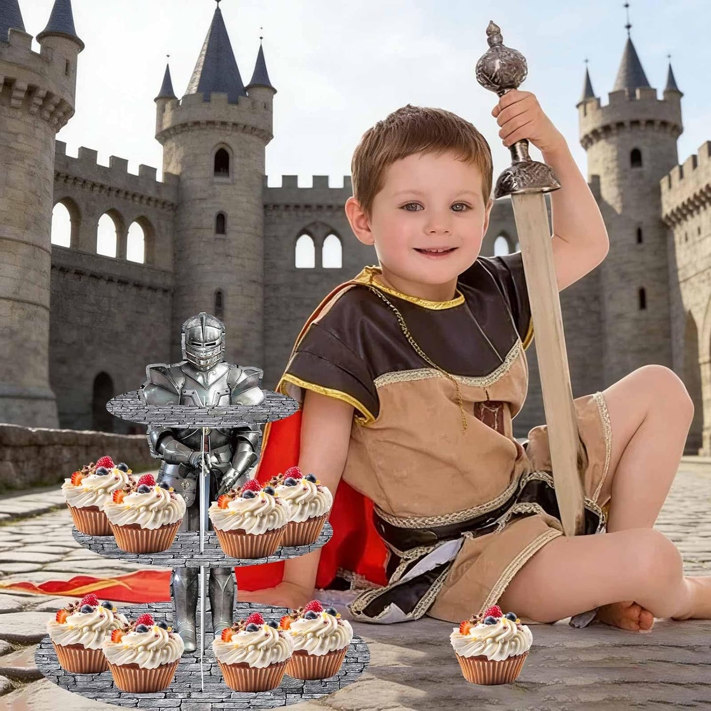 Soporte cupcakes castillo medieval 3 niveles decoración fiesta