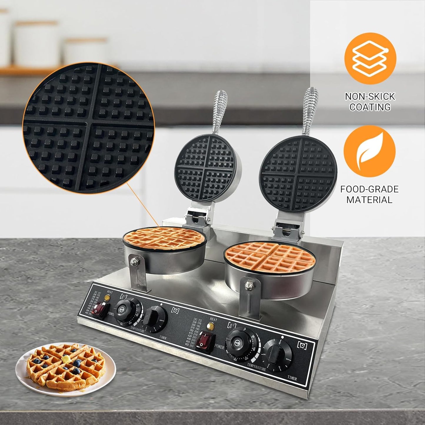 Máquina gofres doble acero inox 2400W control temperatura