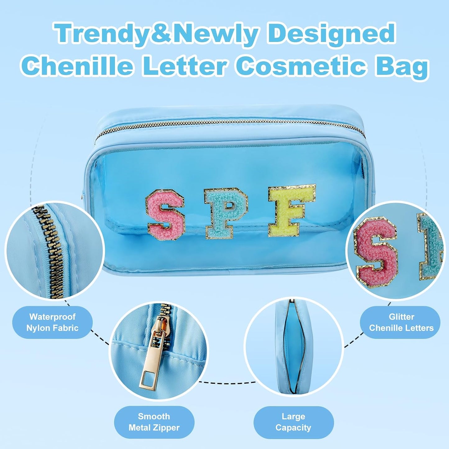 Bolsa cosméticos SPF transparente con chenilla