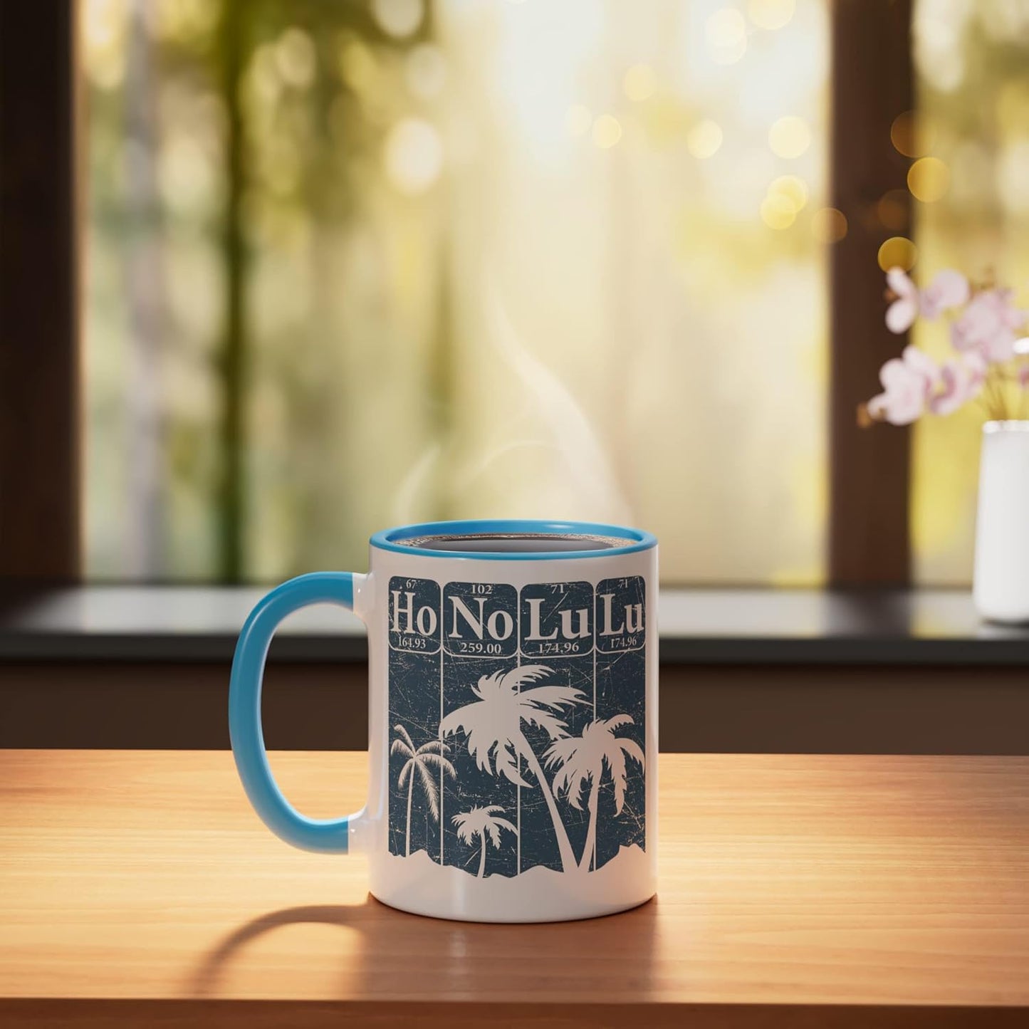 Taza cerámica retro de elementos periódicos de Honolulu Hawái azul/blanco